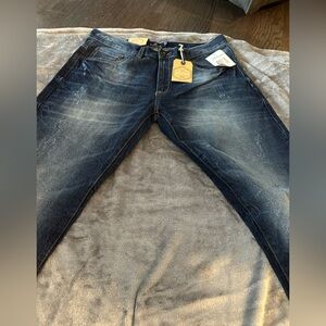 Size 34X34 Company81 Spenser Straight Men Dark Jeans, slightly frayed bottom.
